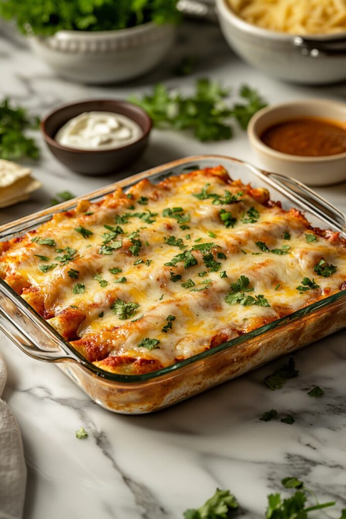 High protein enchiladas in a glass baking dish topped with melted cheese and cilantro, served with Greek yogurt.