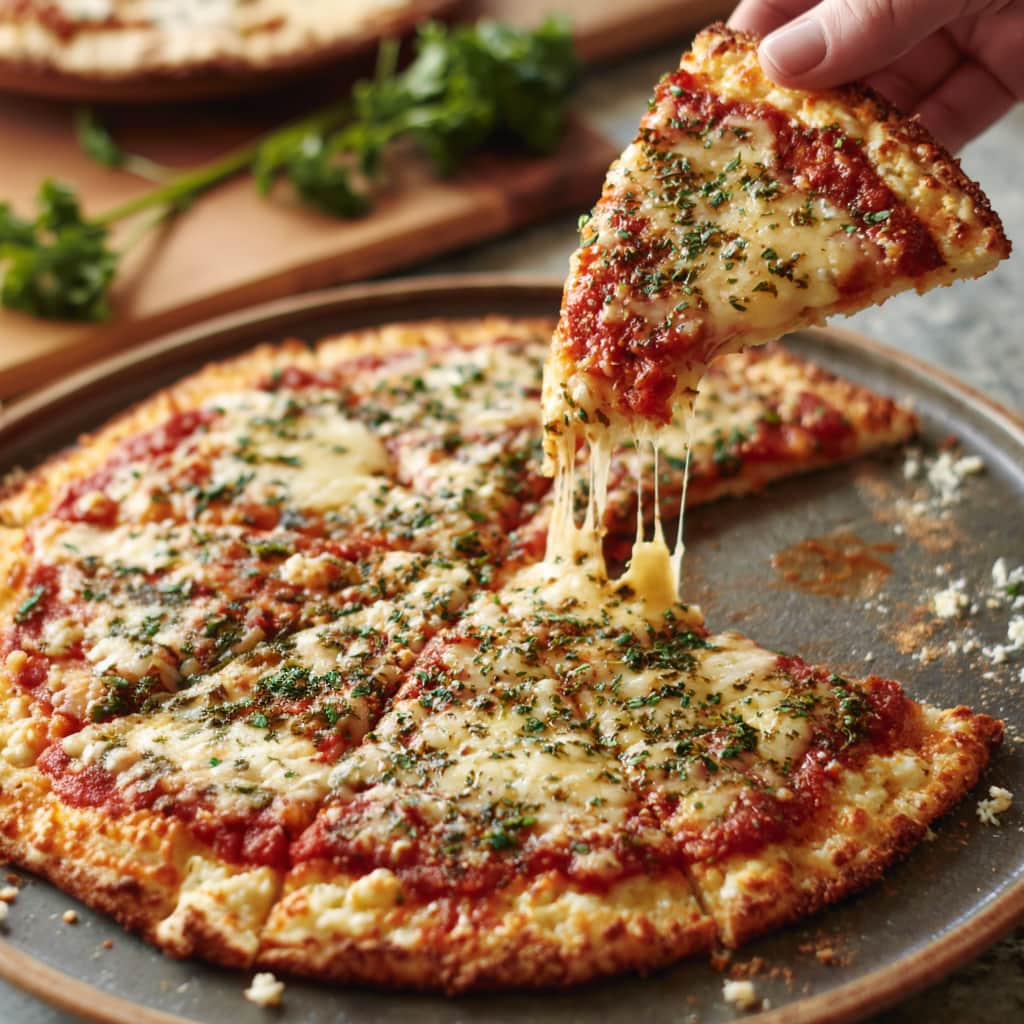 high protein flatbread pizza made with cottage cheese crust, one slice being lifted with melted cheese stretch, crispy golden edges and tomato sauce