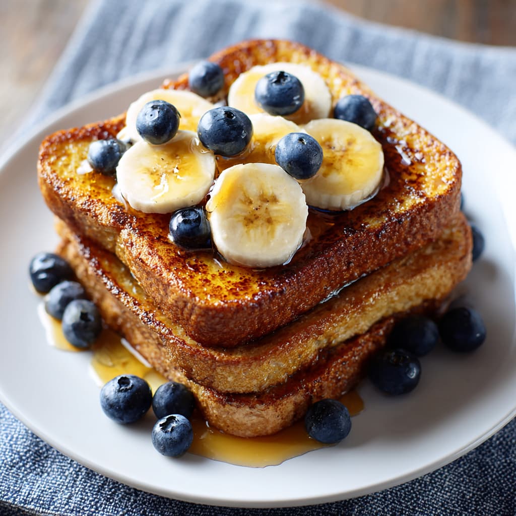 French toast topped with sliced bananas and fresh blueberries, drizzled with syrup as the final topping step.