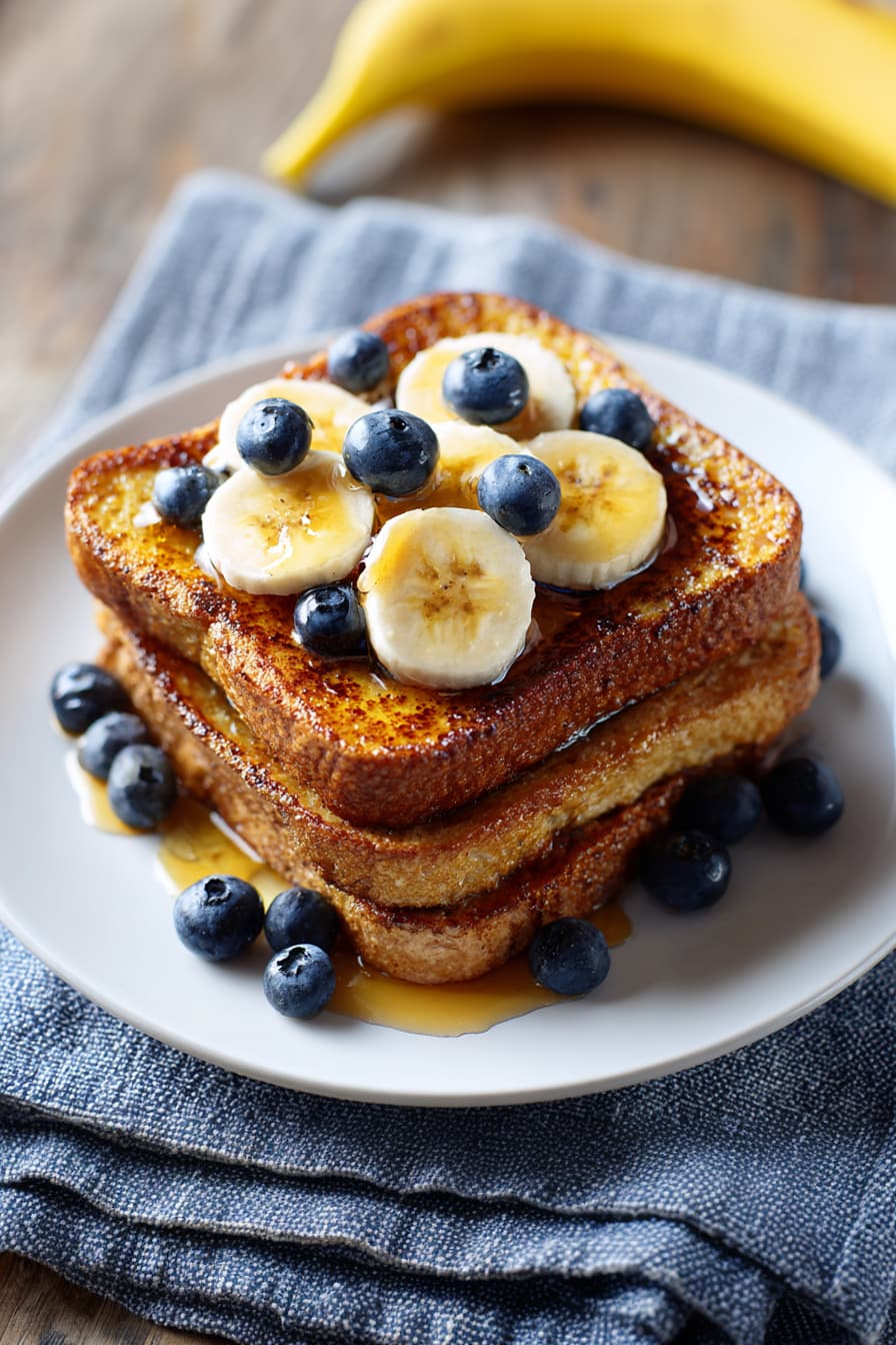 High protein French toast stacked on a plate and topped with sliced bananas, fresh blueberries, and maple syrup. Golden and crisp with a soft center, served as a healthy breakfast.