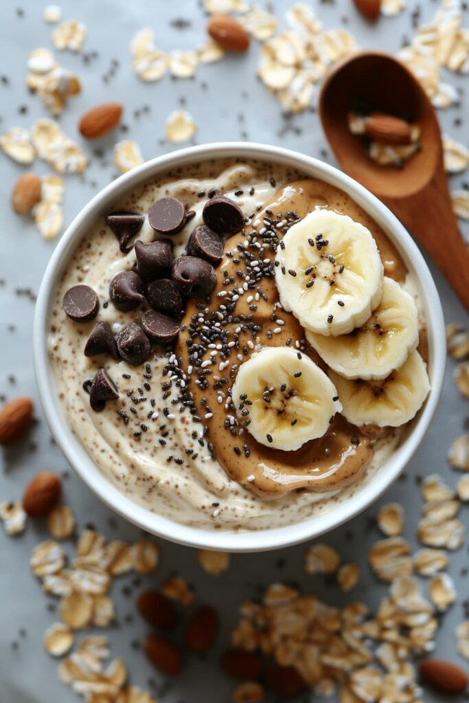 High-protein Greek yogurt bowl with peanut butter, dark chocolate chips, banana slices, and chia seeds in a white bowl on a clean surface.