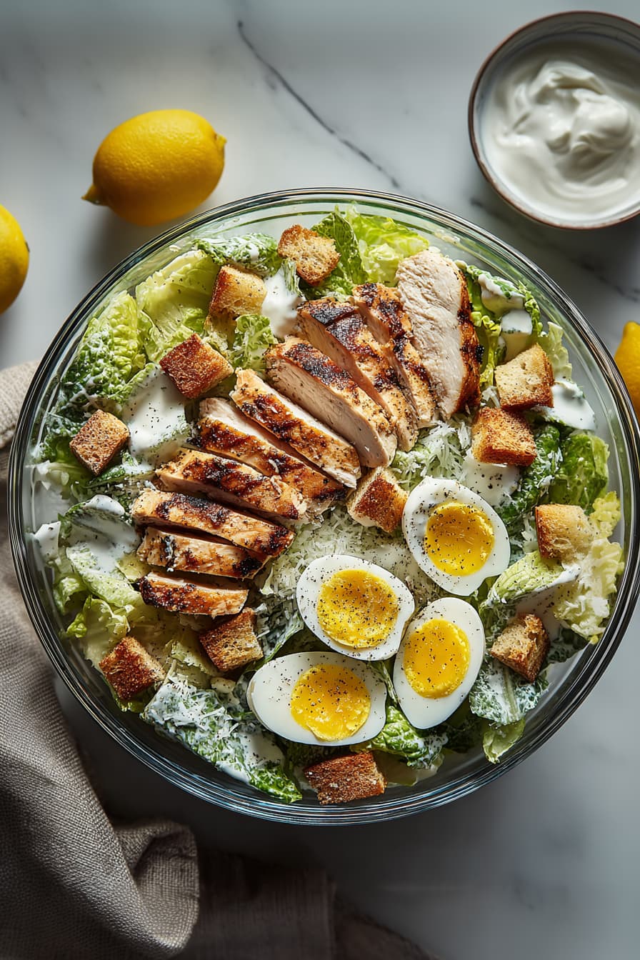 High protein grilled chicken Caesar salad served in a glass bowl with Greek yogurt dressing