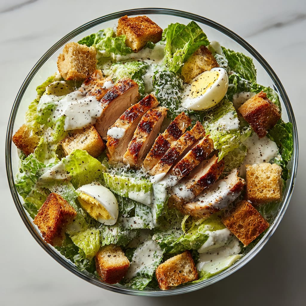 High protein grilled chicken Caesar salad served in a glass bowl with Greek yogurt dressing