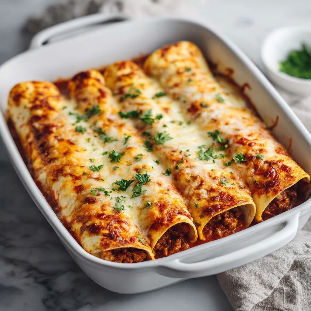 High protein ground turkey enchiladas baked with enchilada sauce and melted cheese in a white ceramic baking dish, close-up view.