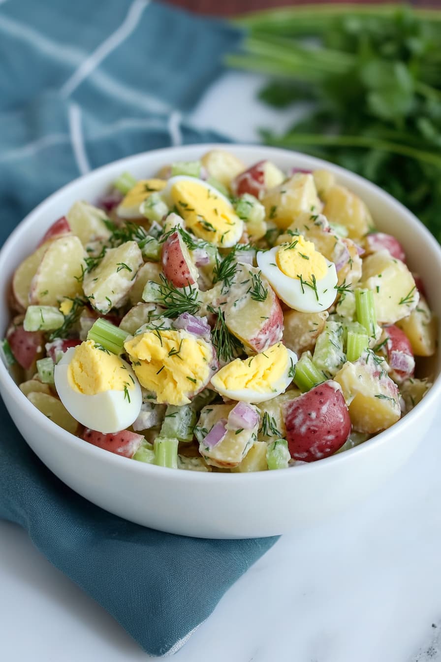 High protein potato salad made with red potatoes, Greek yogurt, hard-boiled eggs, celery, and red onion, garnished with dill.