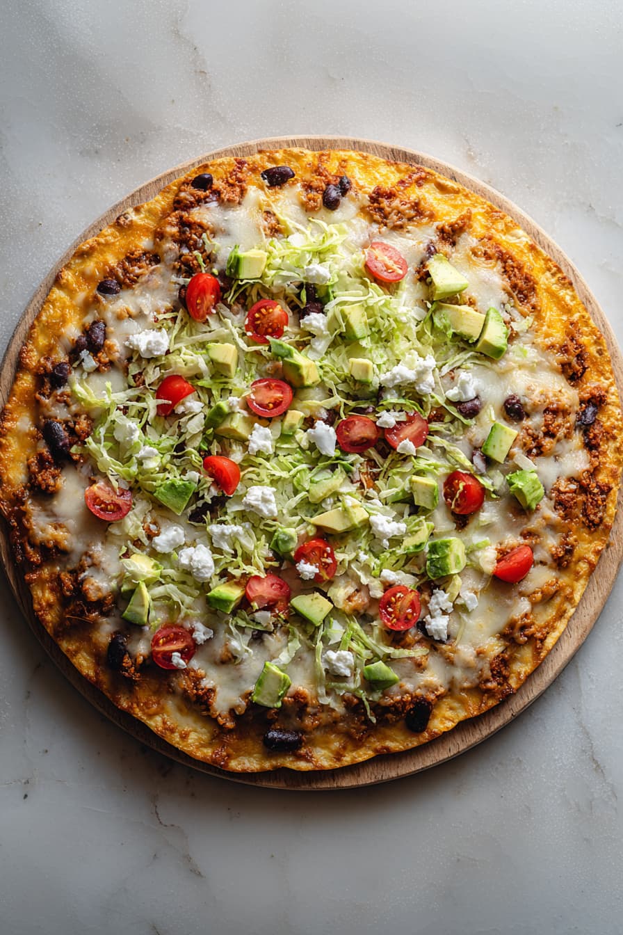 High protein taco pizza made with ground turkey, black beans, melted cheese, lettuce, avocado, and cherry tomatoes on a whole grain crust