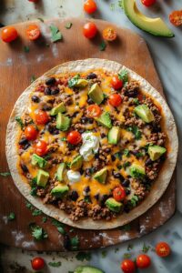 High protein taco pizza topped with ground turkey, lettuce, avocado, and Greek yogurt on a cutting board.