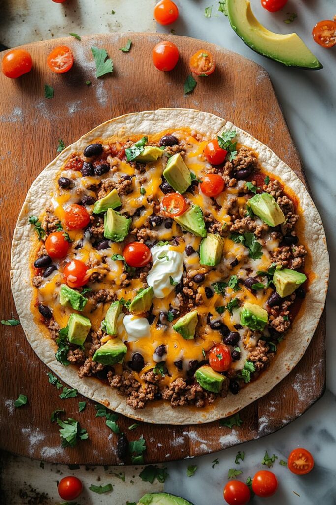High protein taco pizza topped with ground turkey, lettuce, avocado, and Greek yogurt on a cutting board.