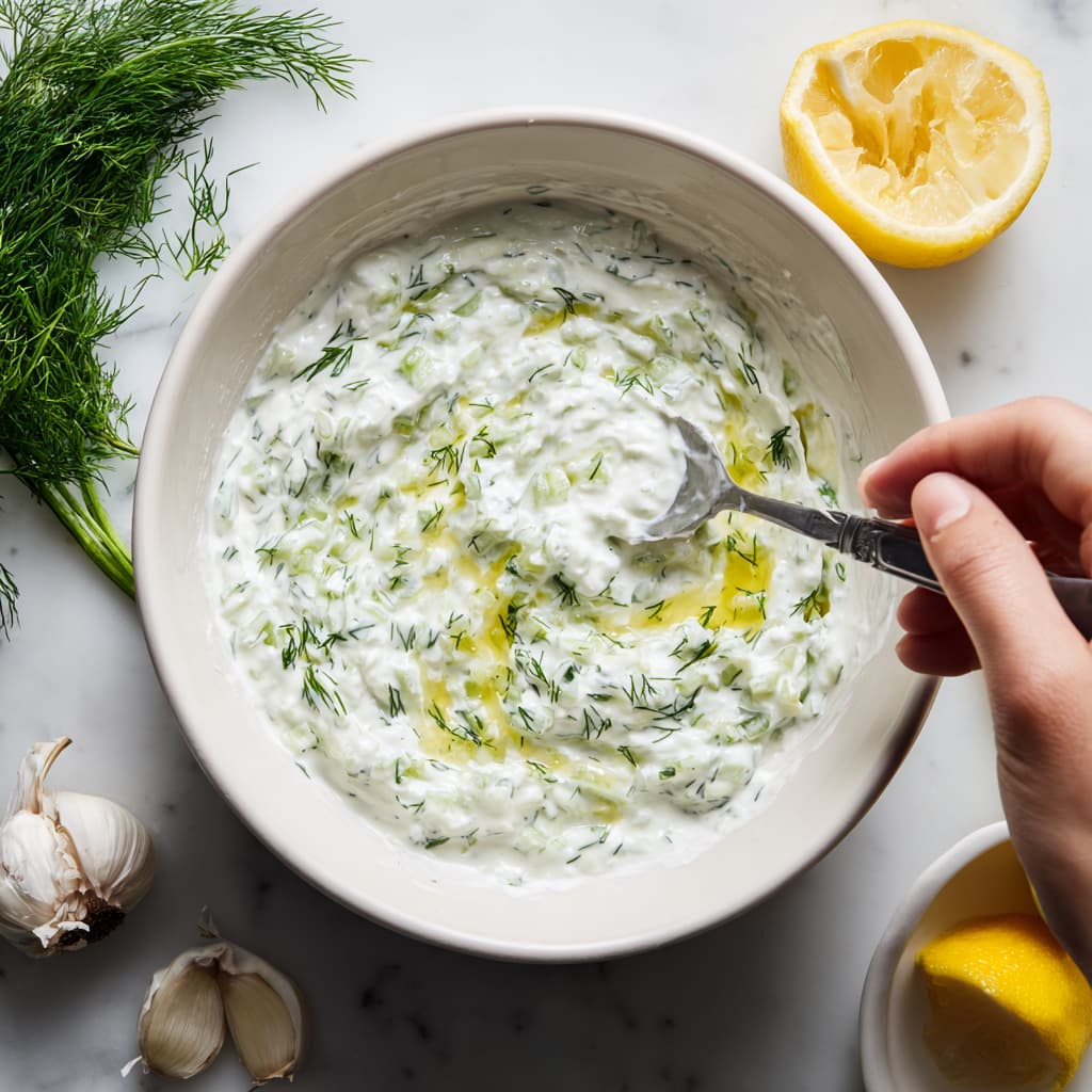 Greek yogurt tzatziki dressing made with cucumber, dill, garlic, olive oil, and lemon juice