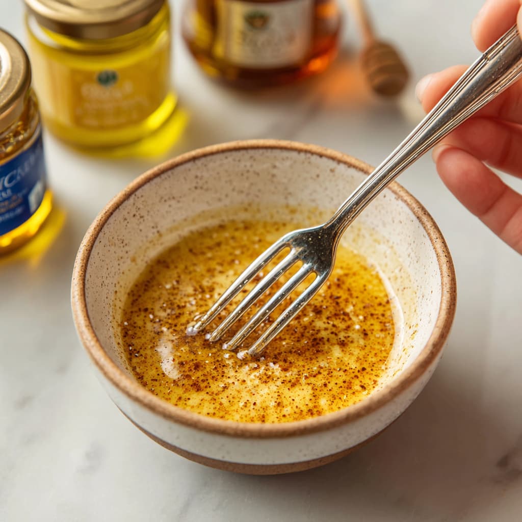 Whisking honey mustard glaze in a small bowl with Dijon, honey, and paprika.