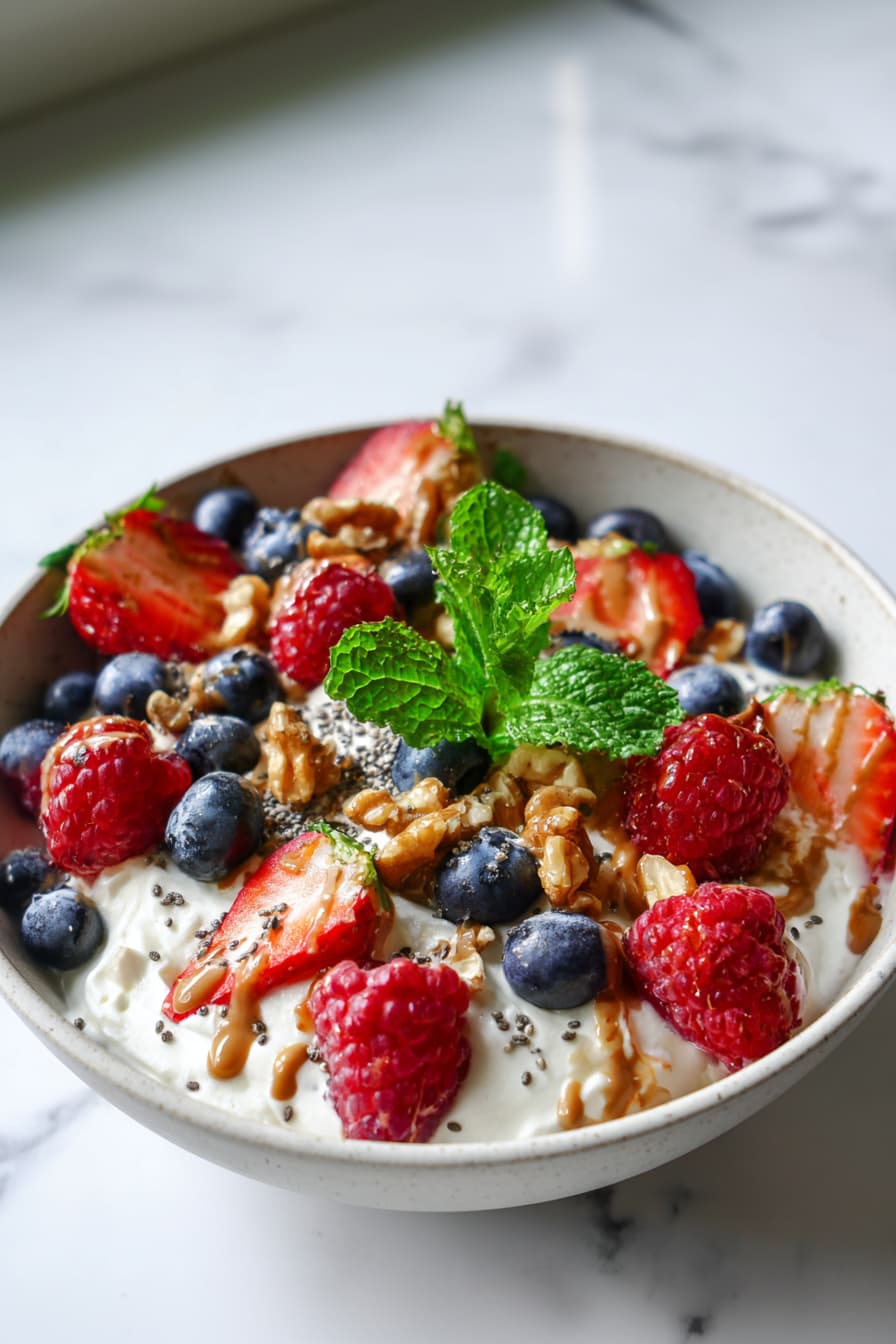 High protein Greek yogurt bowl topped with blueberries, raspberries, sliced strawberries, almond butter drizzle, chia seeds, and chopped walnuts with fresh mint garnish on a marble surface.
