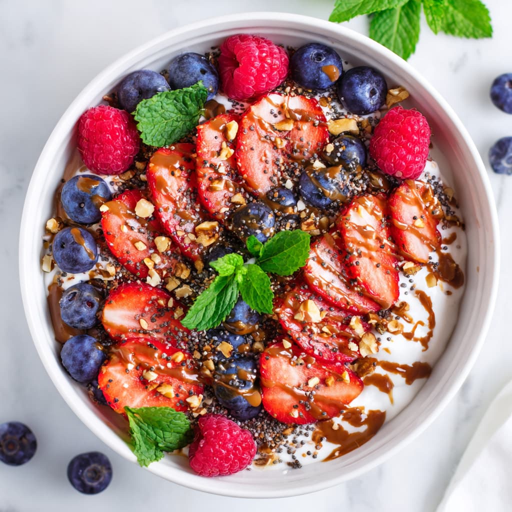 Overhead view of a high protein Greek yogurt bowl topped with sliced strawberries, blueberries, raspberries, almond butter drizzle, chia seeds, chopped walnuts, and fresh mint on a marble surface.