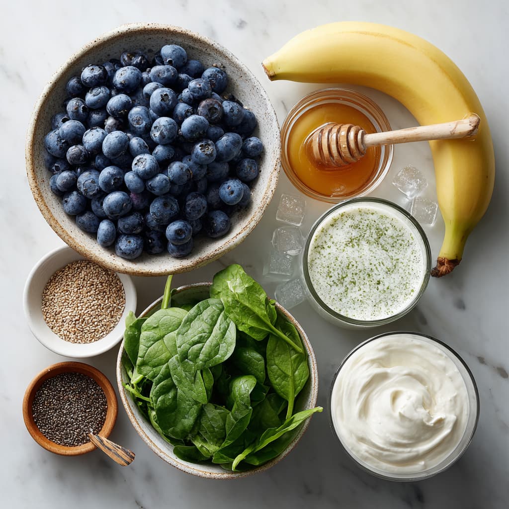 Flat lay of smoothie ingredients including frozen blueberries, banana, spinach, almond milk, Greek yogurt, chia seeds, honey, cinnamon, and ice cubes on a white counter.