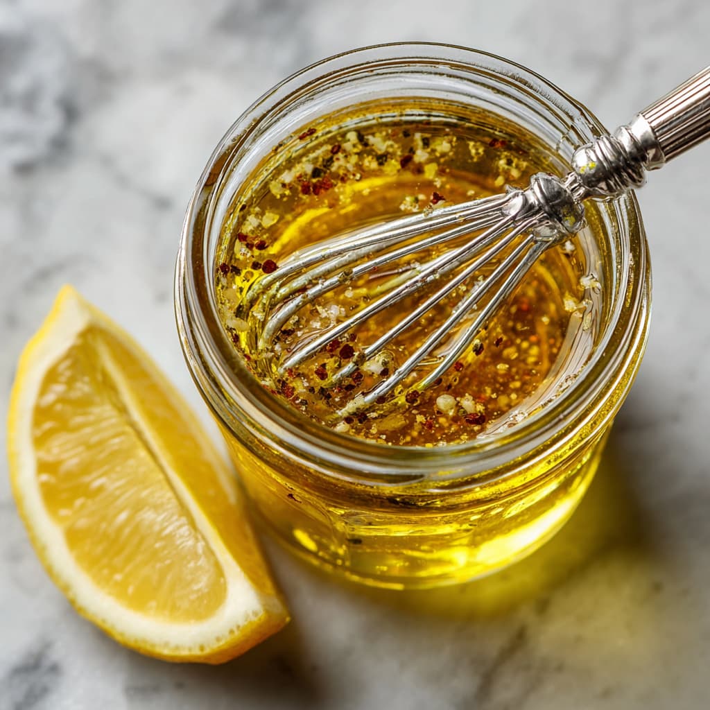 Homemade dressing with lemon juice, Dijon mustard, and olive oil being whisked together for the tuna salad.