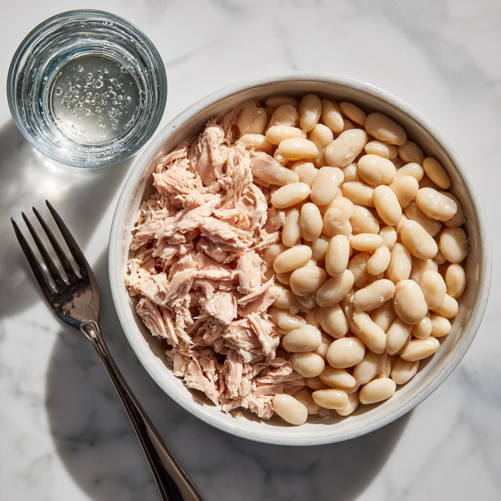 Drained canned tuna and rinsed white beans flaked and combined in a mixing bowl to form the base of the salad.