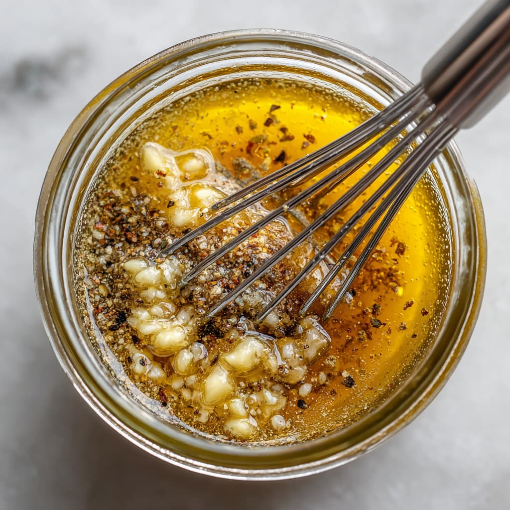 Lemon garlic vinaigrette being mixed in a small jar