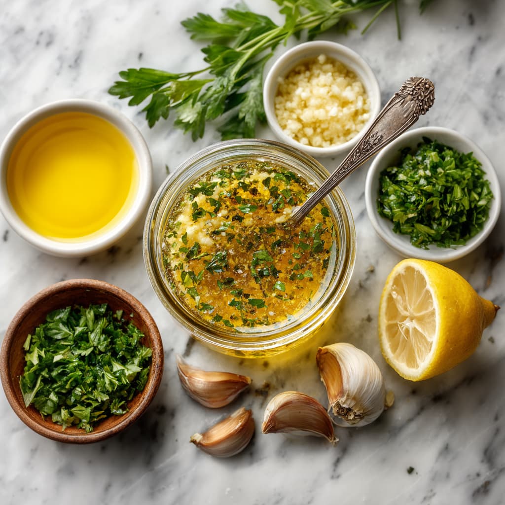 Homemade lemon-herb vinaigrette in a jar with fresh ingredients around it.