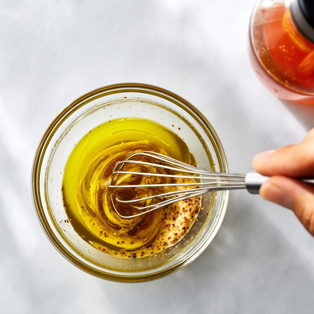 Olive oil, lemon juice, vinegar, honey, and mustard being whisked together into a light dressing in a glass bowl