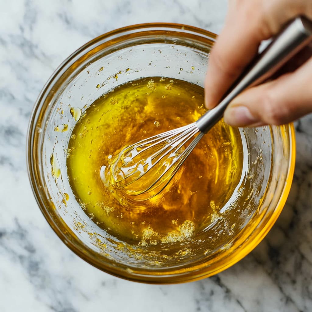 Whisking olive oil, lime juice, and honey with salt and pepper in a glass bowl.