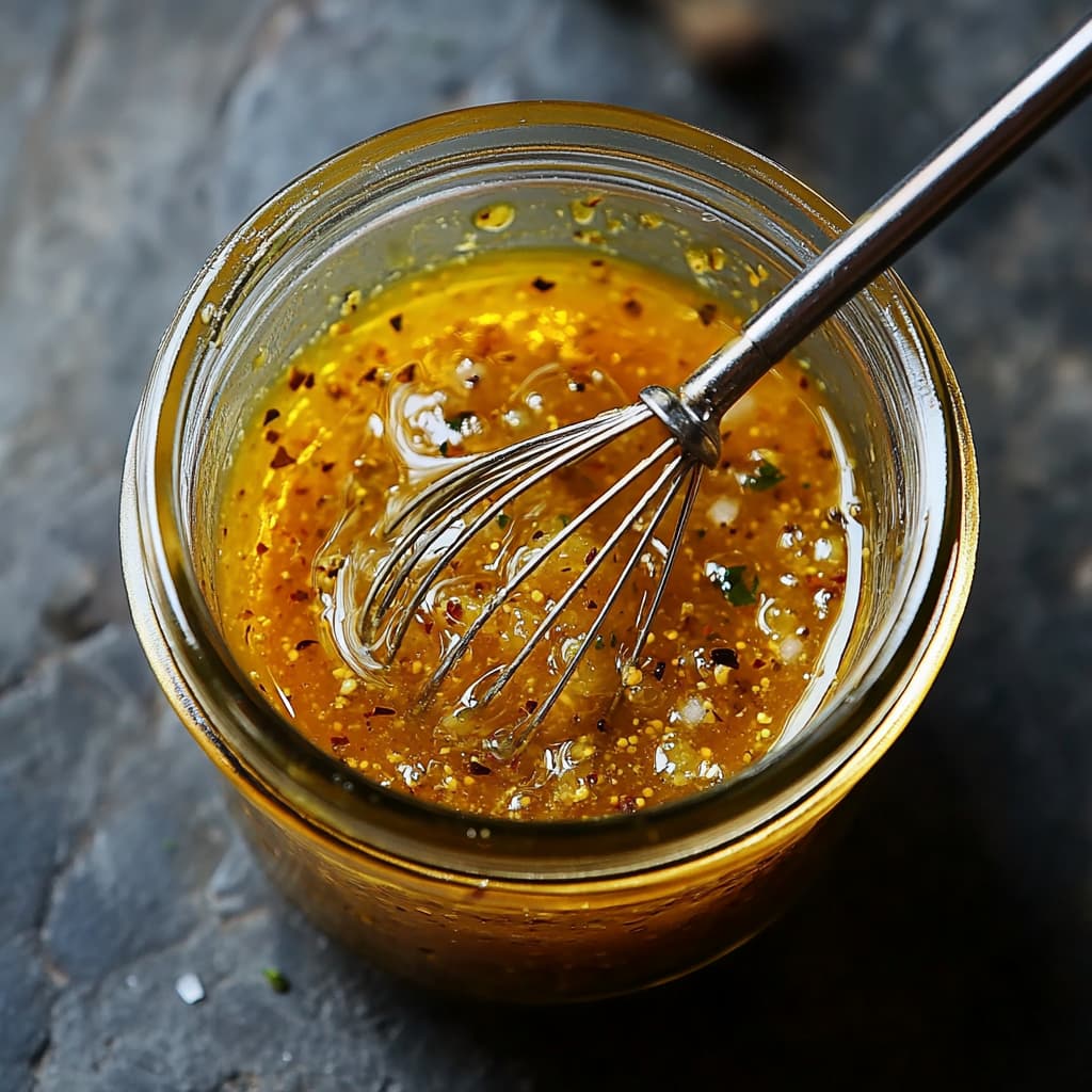 Homemade lime and olive oil dressing with Dijon mustard and honey in a small bowl.