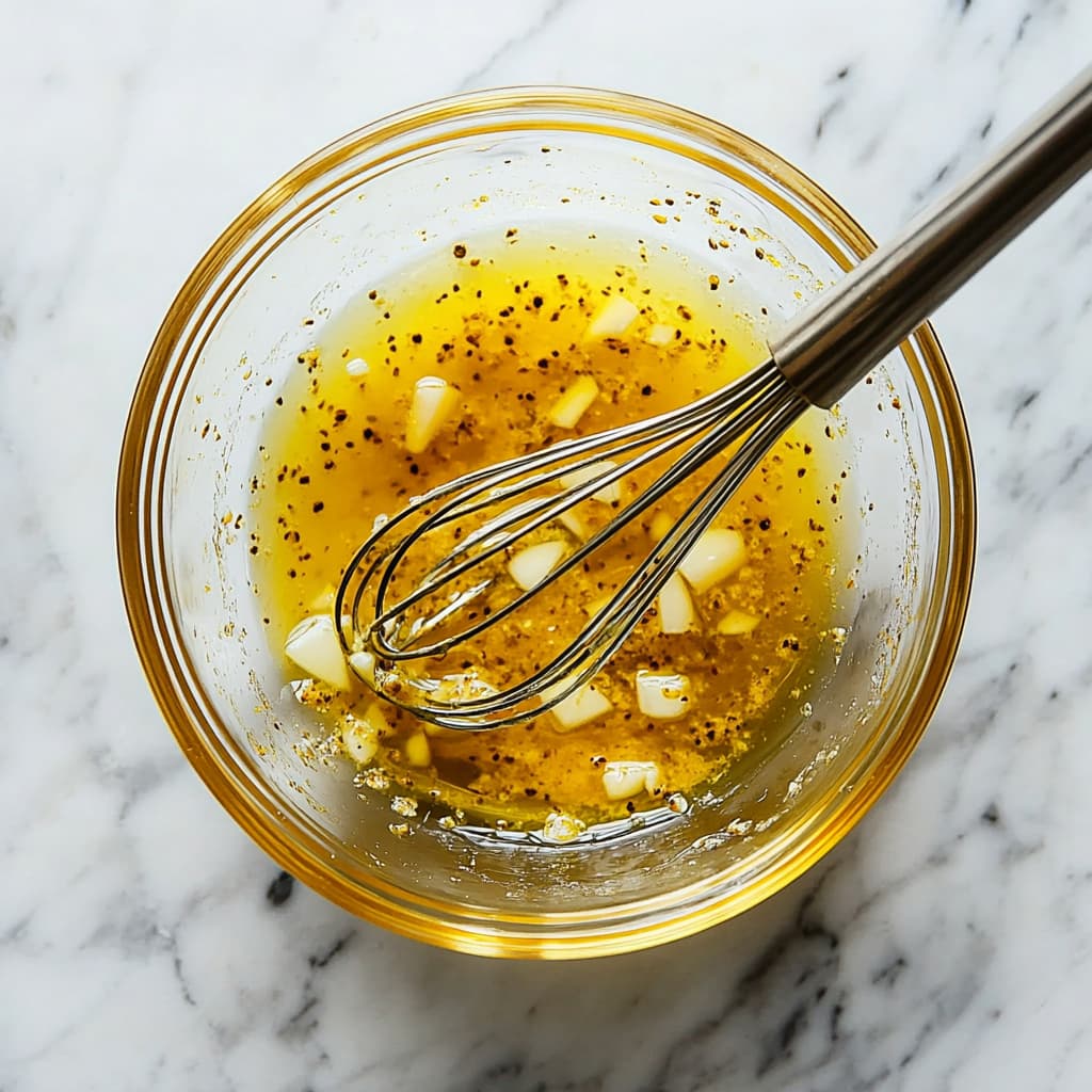 Whisking lemon vinaigrette ingredients in a bowl