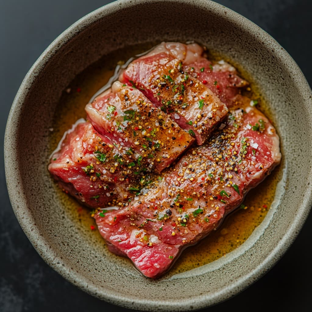 Sirloin steak marinating in olive oil, lime juice, garlic, and spices in a clear bowl.