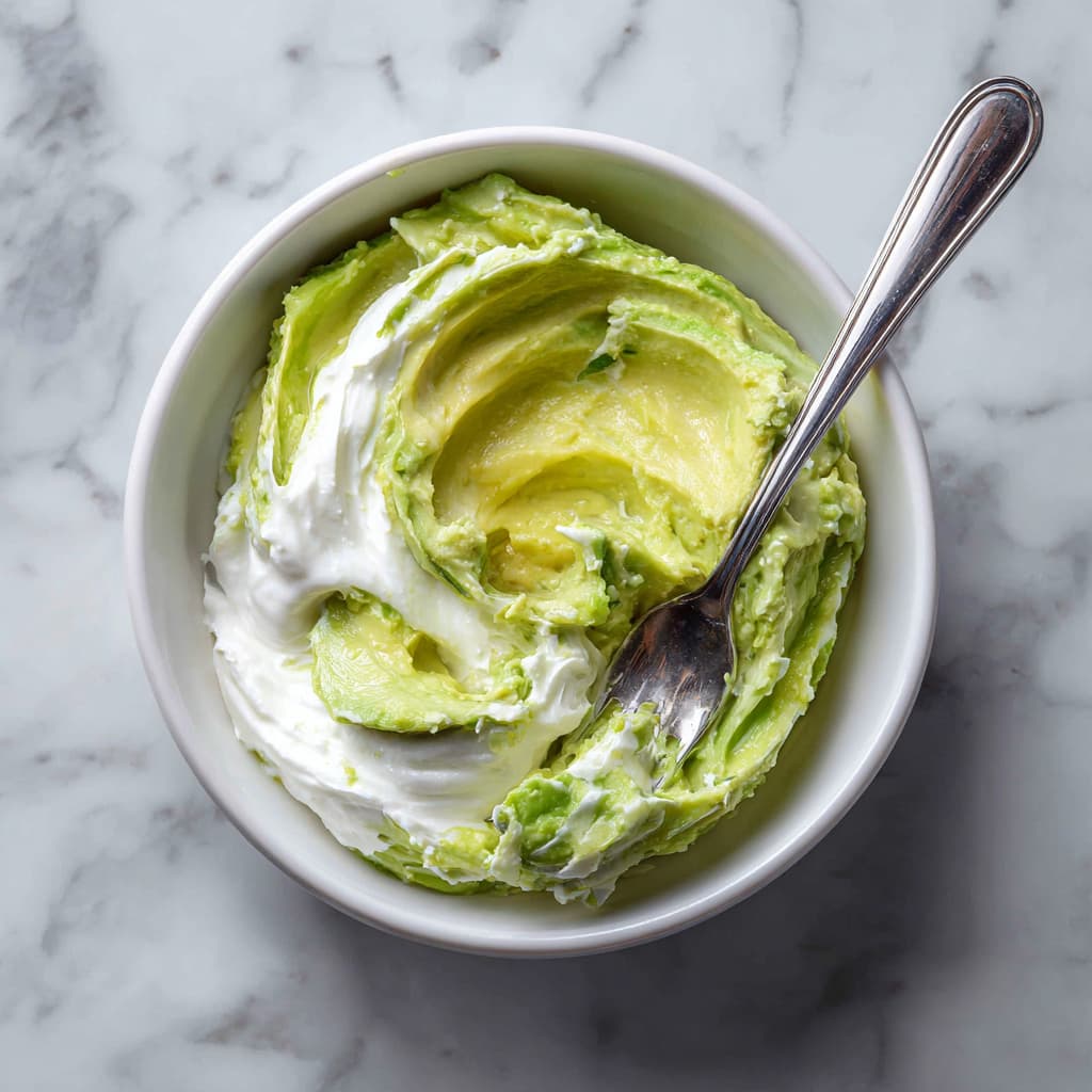 Avocado, Greek yogurt, and lime juice being mashed in a bowl to create a creamy dressing for healthy chicken salad.