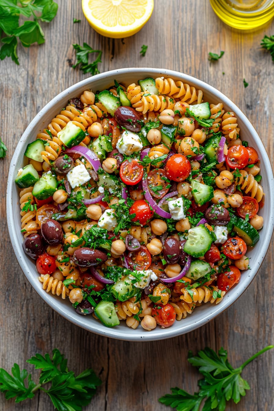 Mediterranean chickpea pasta salad with fresh vegetables, feta, and lemon dressing in a white bowl.