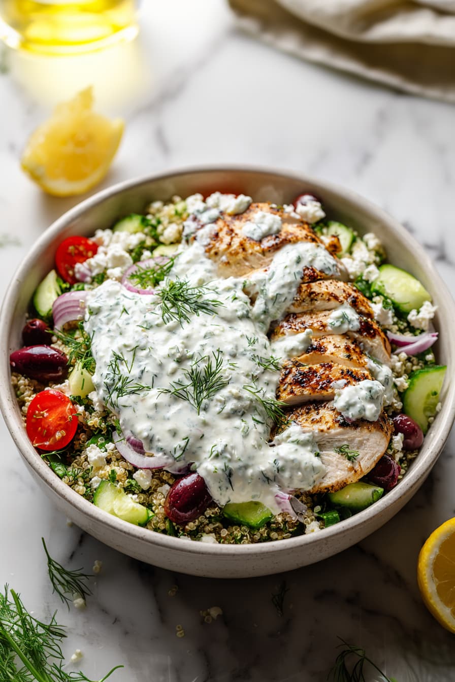 Side close-up of Mediterranean tzatziki chicken salad with grilled chicken, quinoa, cucumber, olives, feta, and thick creamy Greek yogurt tzatziki dressing