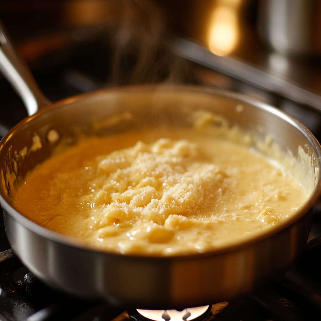 High protein cheese sauce with melted cheddar in saucepan