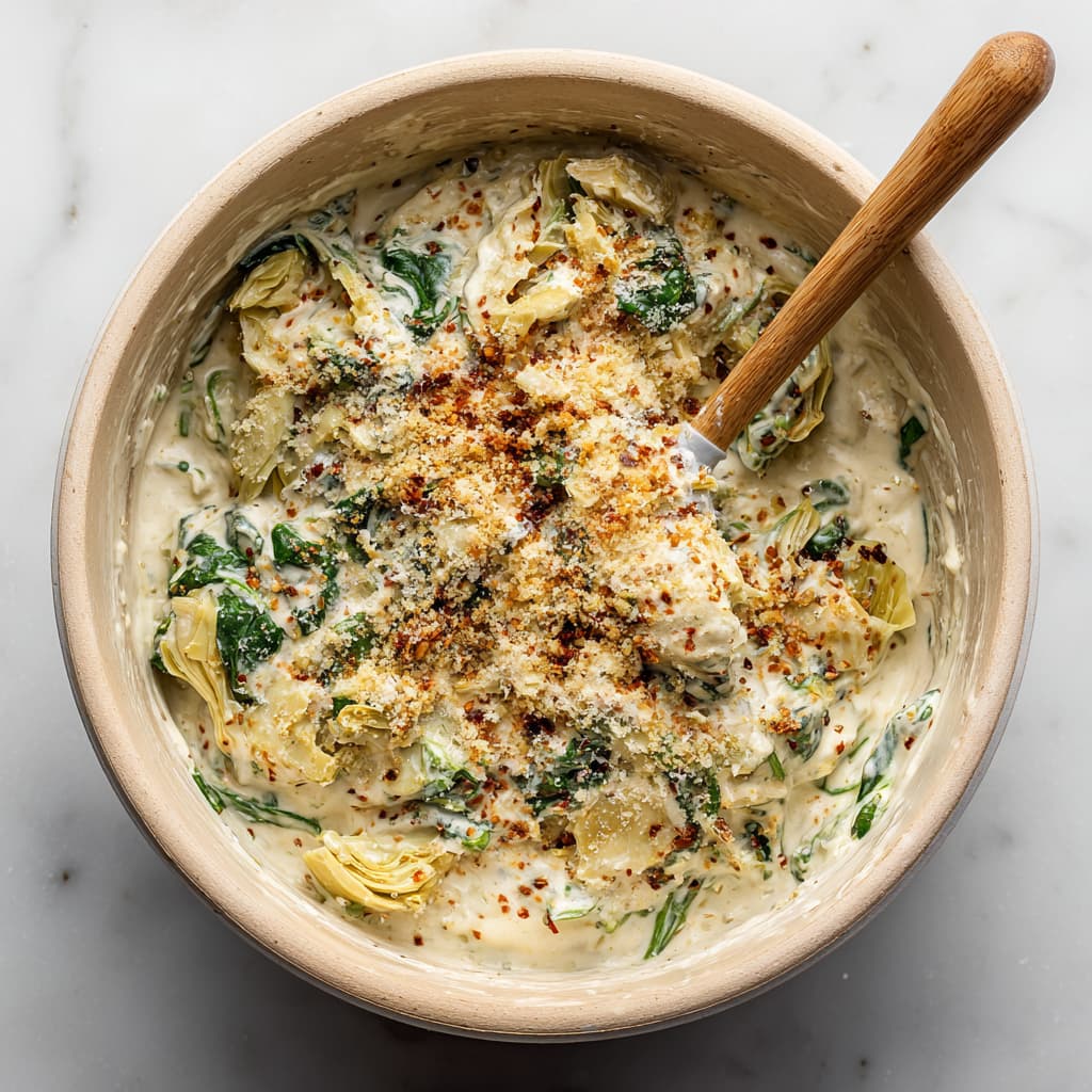 Mixing spinach, artichokes, and cheese into high-protein dip base