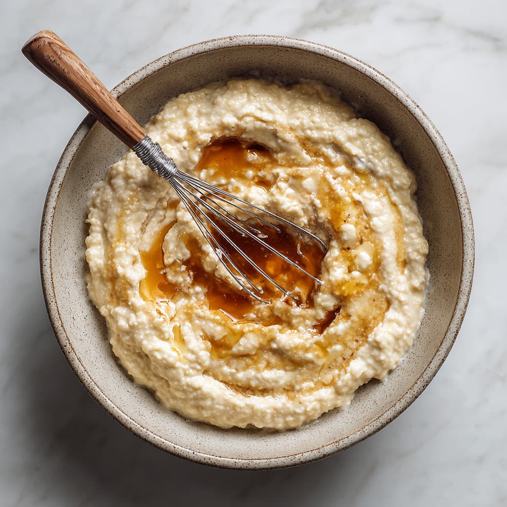 Mixing rolled oats and flour into wet ingredients to make banana oatmeal muffin batter.