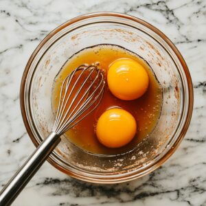 Mixing eggs, maple syrup, coconut oil, and vanilla extract.
