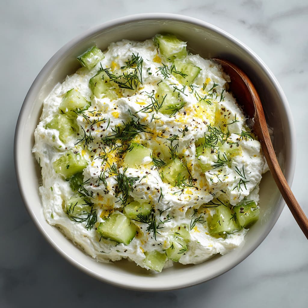 Folding cucumber into cottage cheese salad with fresh herbs