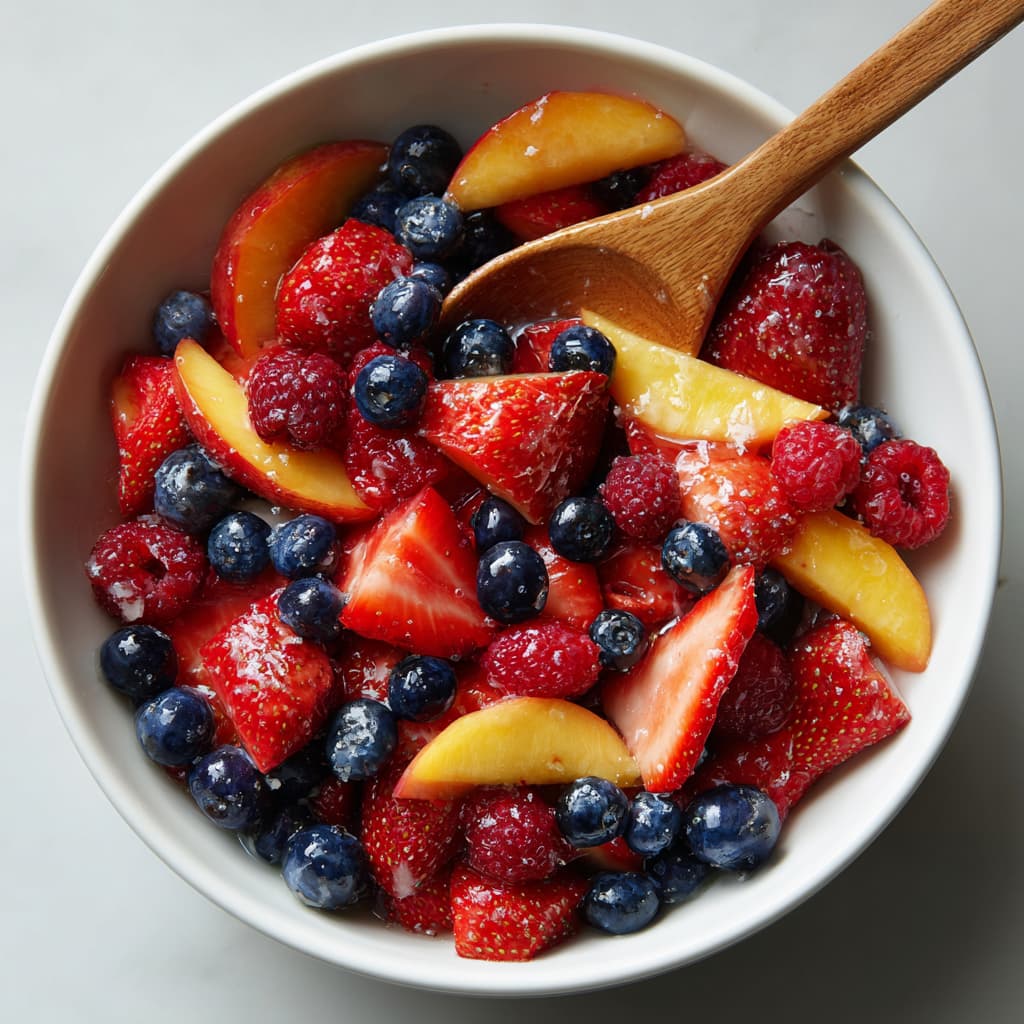 Tossing fresh fruit with honey-lime dressing in a large bowl.