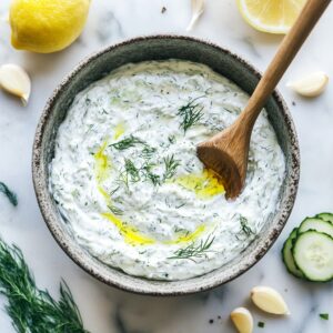 Bowl of homemade tzatziki dressing being mixed with a spoon.