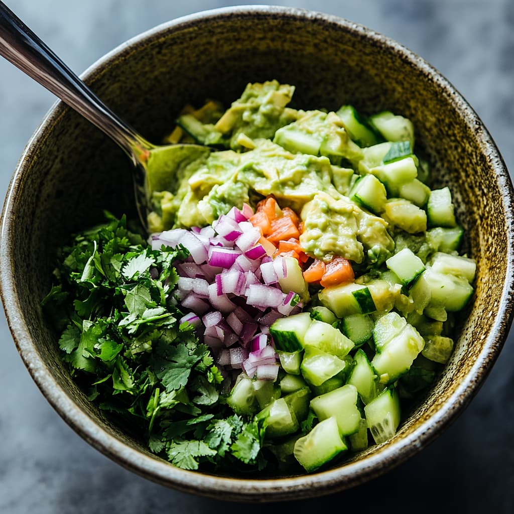 Adding red onion, celery, and cilantro to avocado for chicken salad