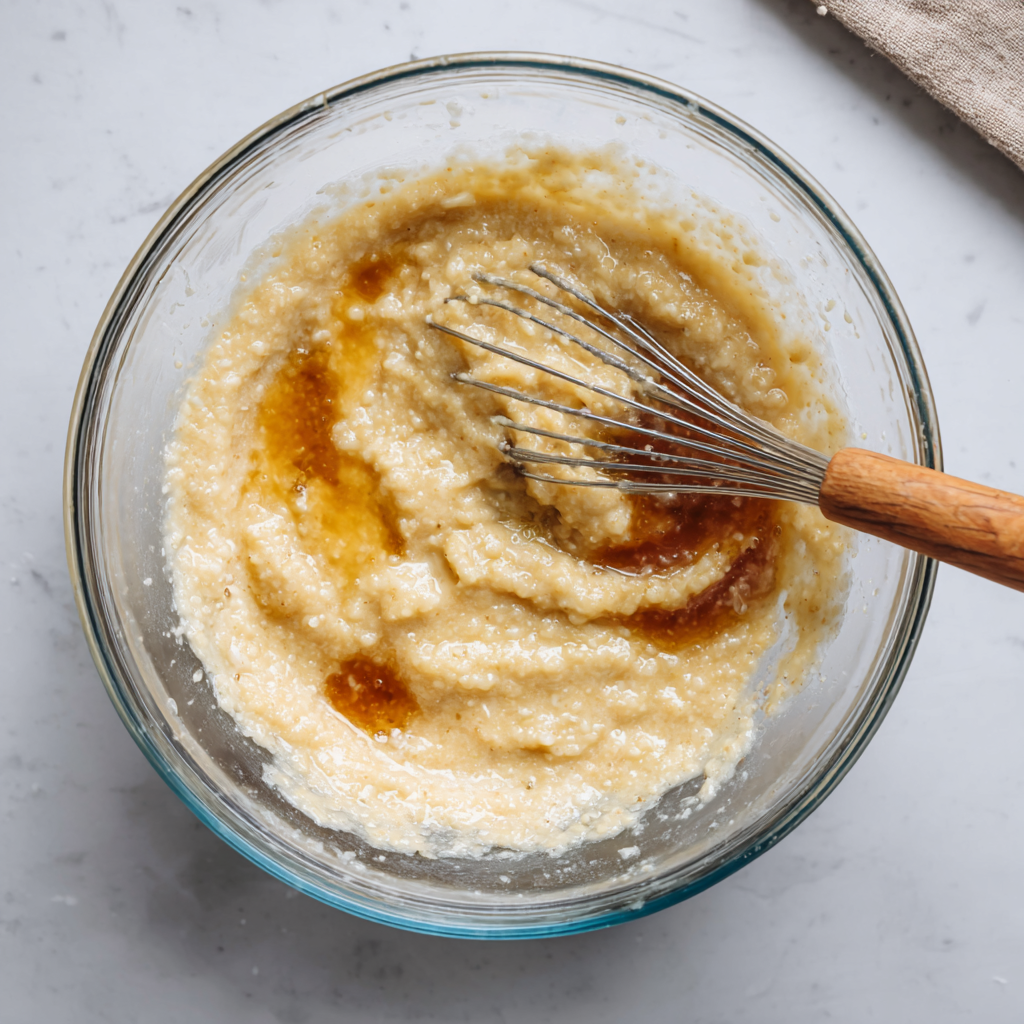 Whisking mashed banana, eggs, yogurt, and maple syrup in a bowl