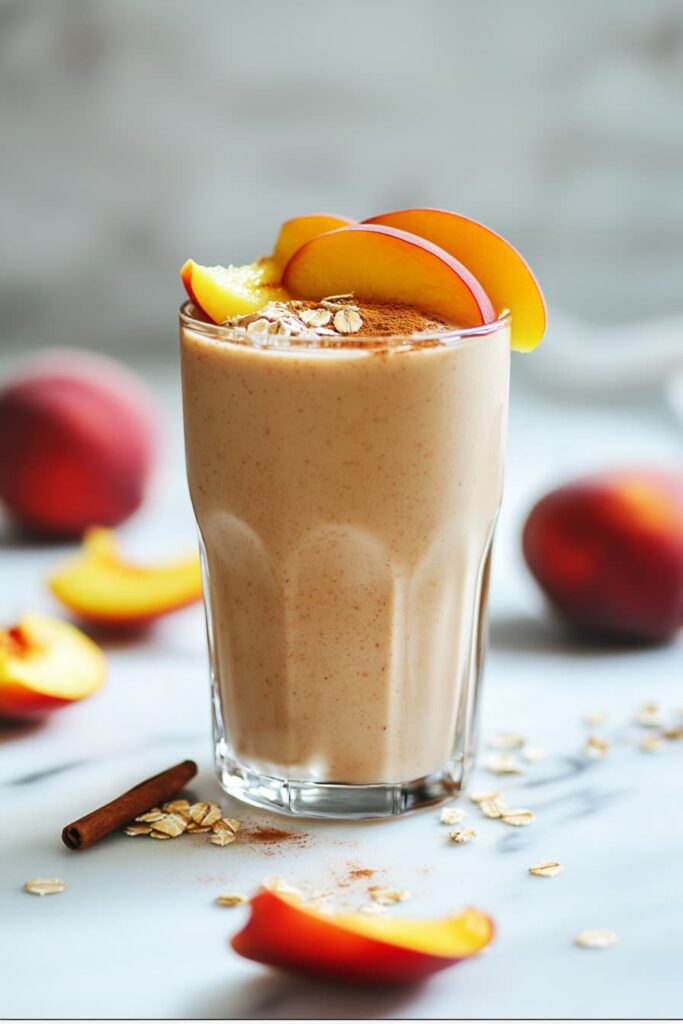 A tall glass of peach cobbler protein shake topped with cinnamon and peach slices, styled on a marble counter with fitness props.