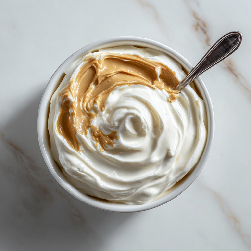 Spoon adding natural peanut butter into Greek yogurt for protein bowl