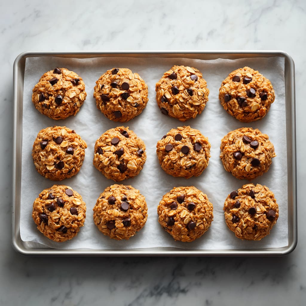 Peanut butter cookie dough balls on a baking sheet being flattened with a fork