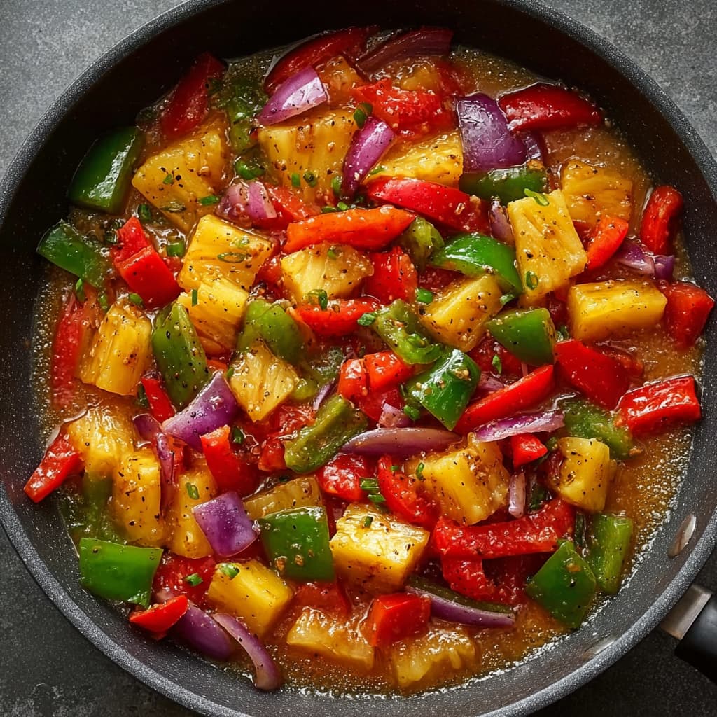 The skillet with blended pineapple sauce added, bubbling lightly as it thickens and coats the vegetables.