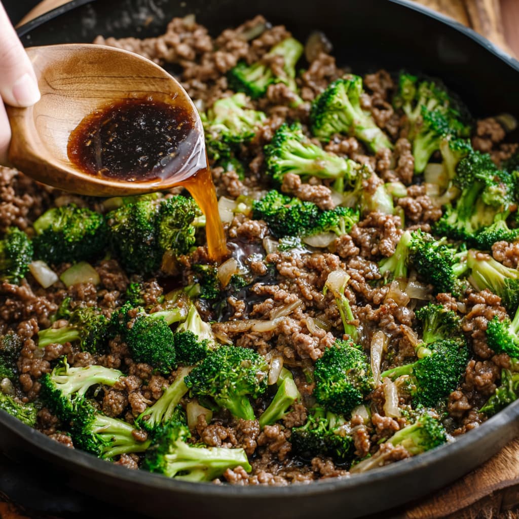 Soy-based sauce being poured over cooked ground beef and broccoli in a skillet.