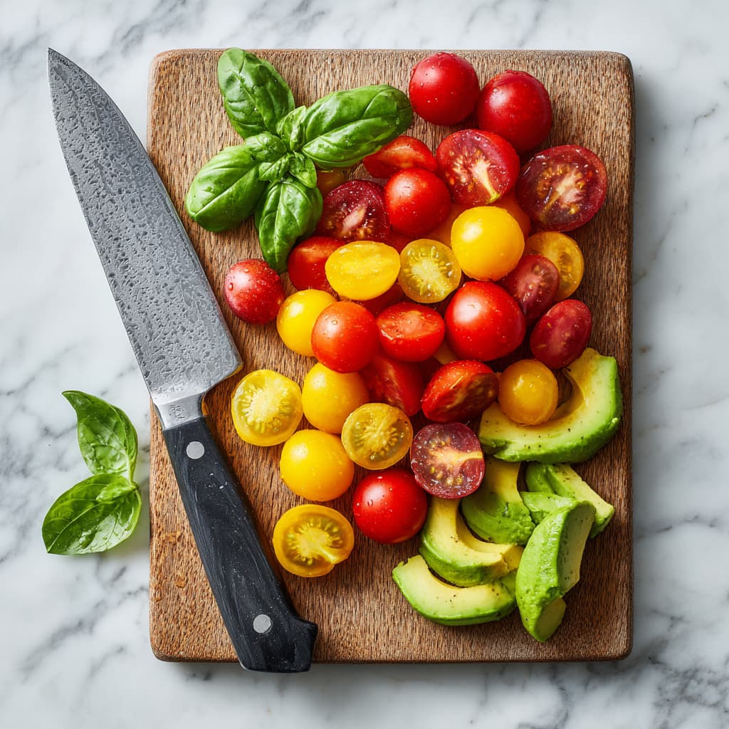 Halved cherry tomatoes and sliced avocado on a cutting board with fresh basil.