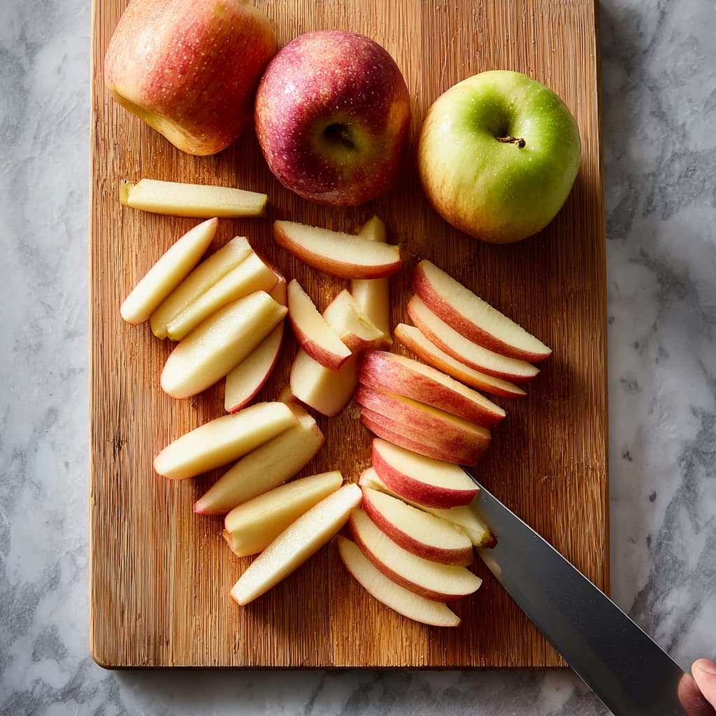 Fresh Honeycrisp apples being sliced into even wedges with the skin on, ready for air frying.