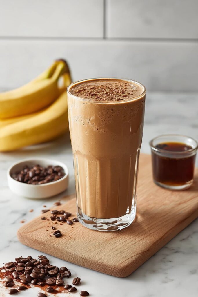 Thick and creamy protein cold brew smoothie served in a tall glass with cinnamon on top and a swirl of almond butter.