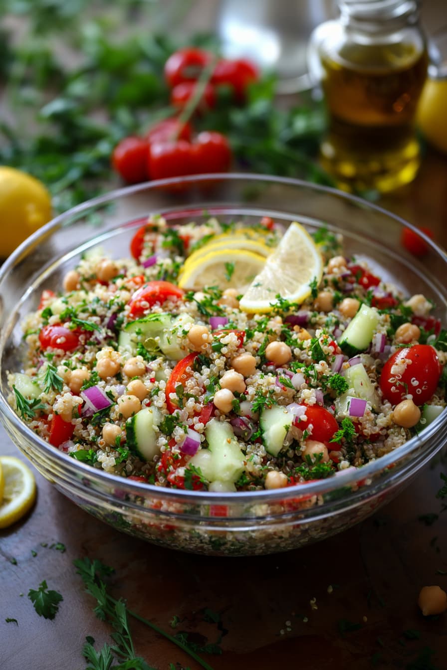 Vegan quinoa chickpea salad with fresh vegetables, herbs, and lemon dressing in a glass bowl