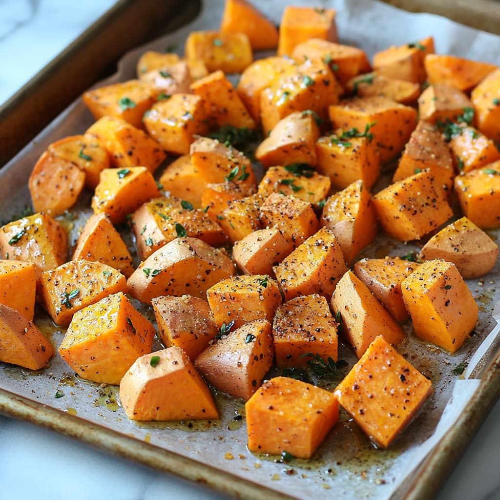 Seasoned sweet potato cubes on a baking sheet ready to roast.