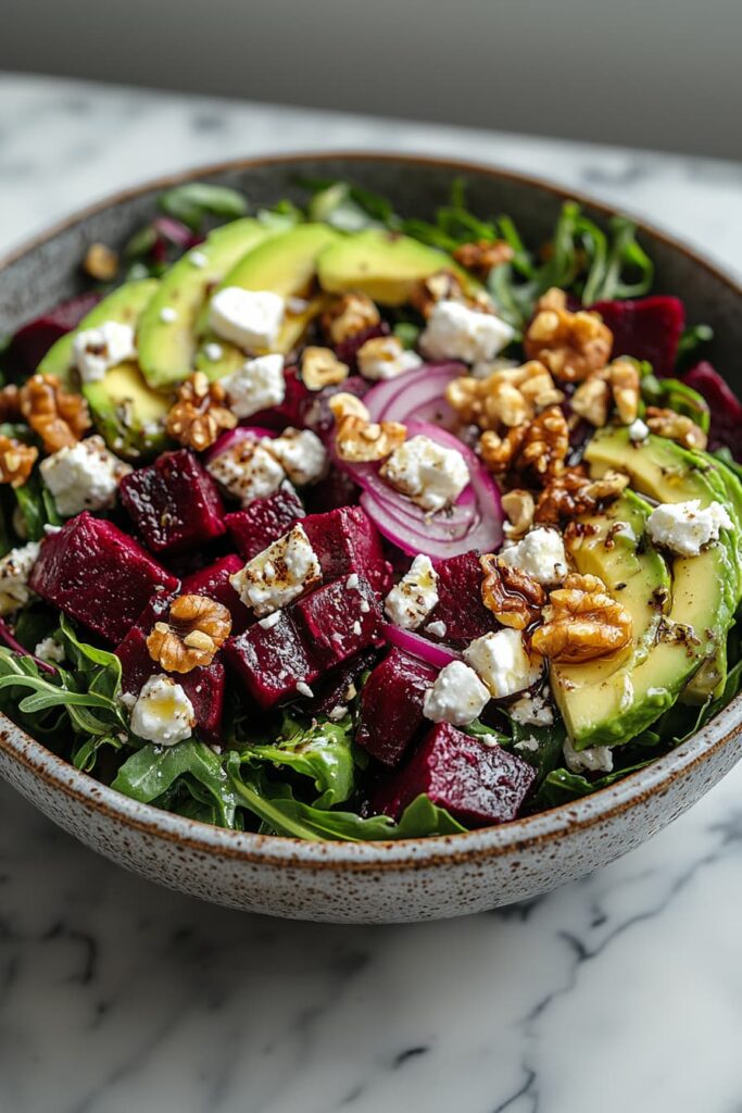 Colorful roasted beet and arugula salad with feta, walnuts, red onion, and avocado, served in a ceramic bowl with balsamic dressing.