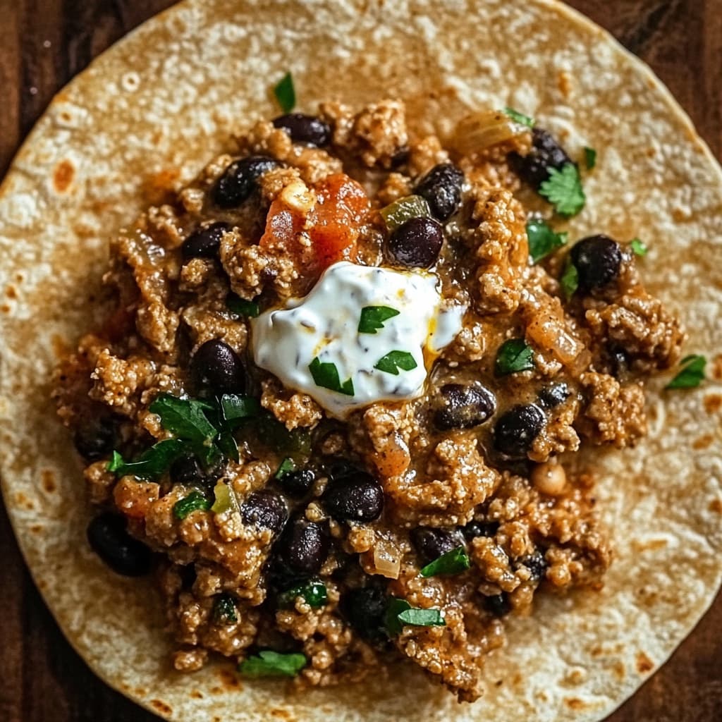 Whole wheat tortilla filled with protein-rich turkey mixture ready to be rolled.